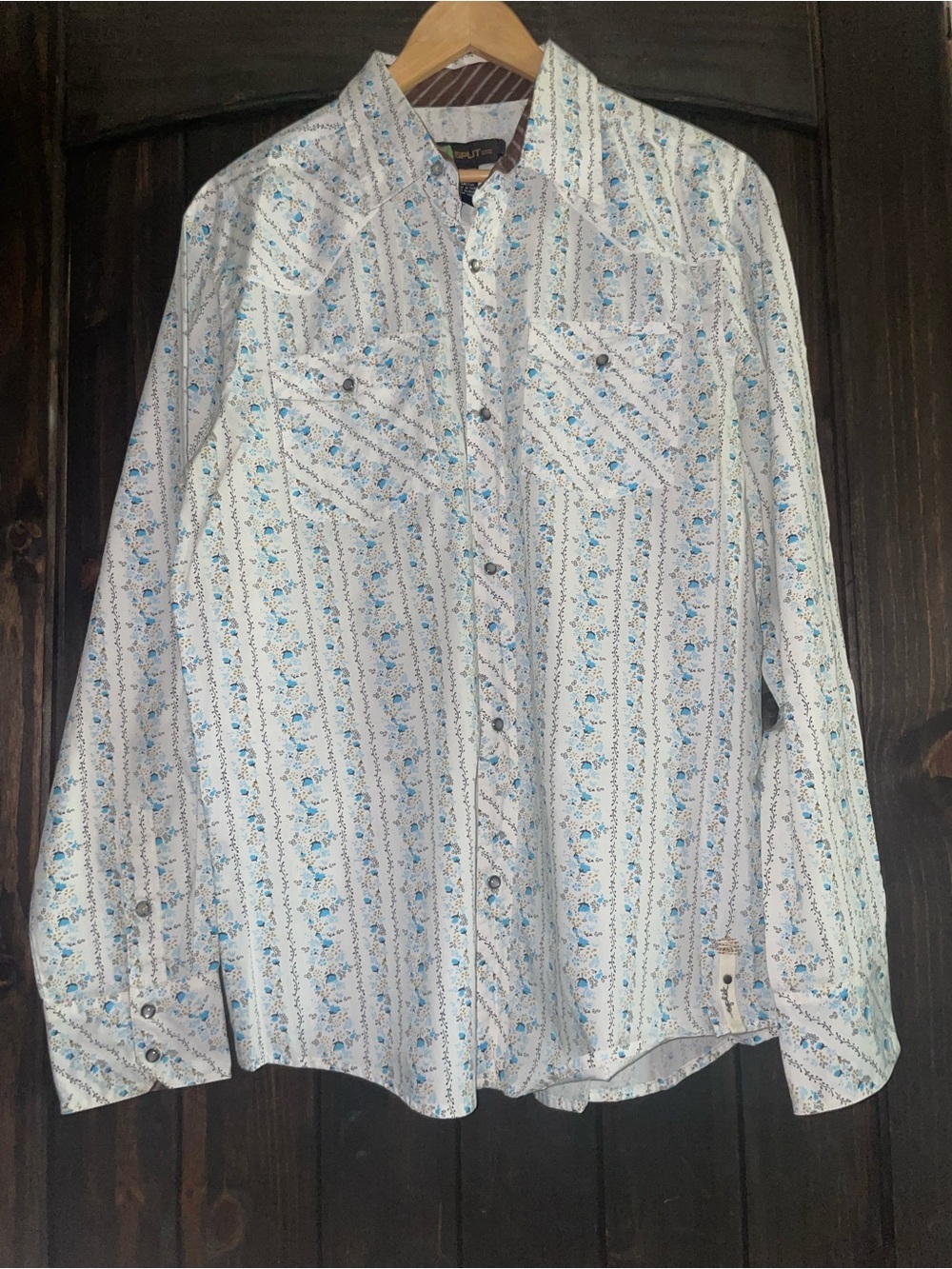 Split White Shirt with Light Blue Floral Stripe - Size L